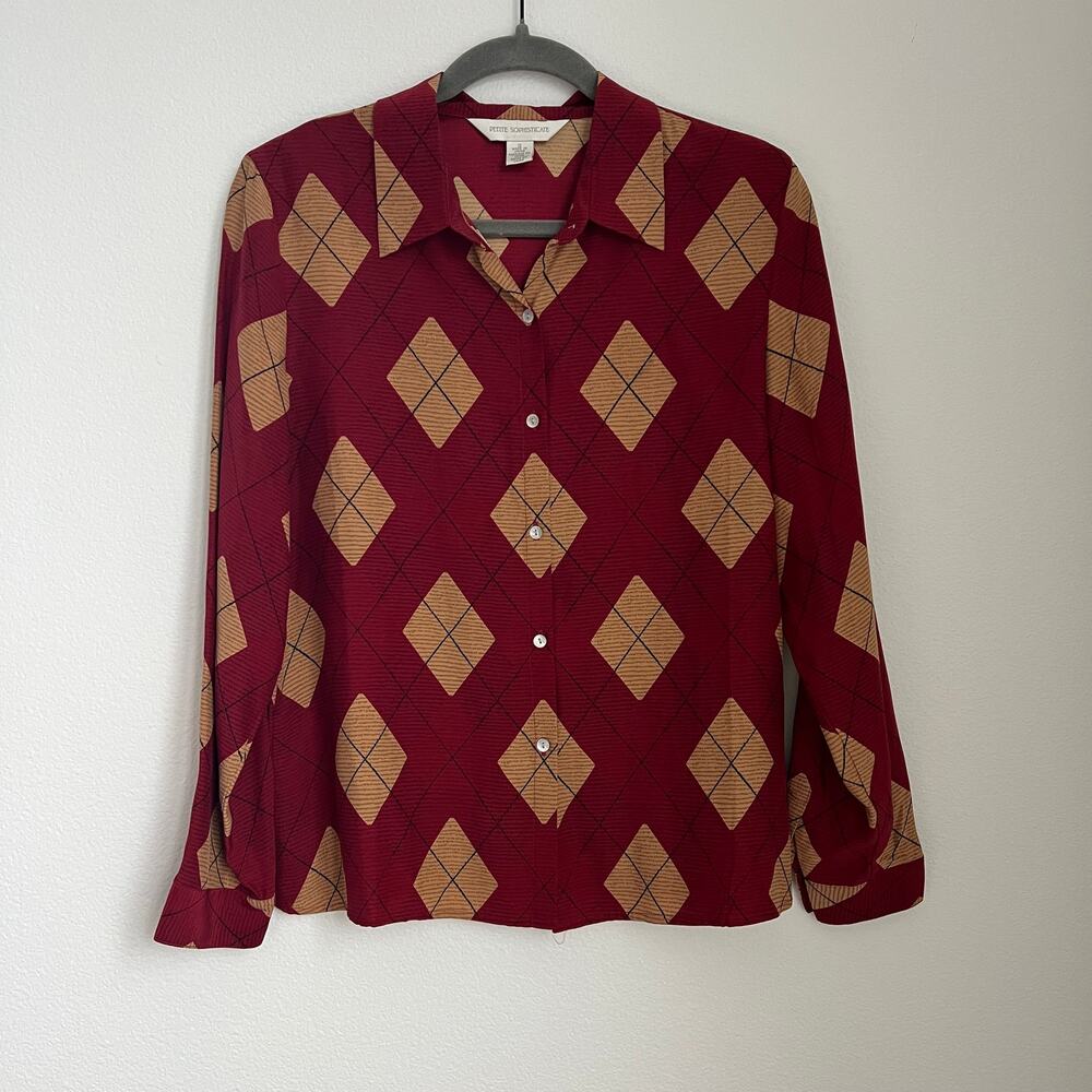 Petite Sophisticate Silk Argyle Button-Up Blouse 12 Retro 90's Vintage Eclectic